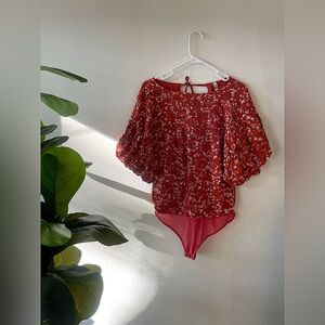 free people intimately Red Floral Bodysuit V-Cut Back Women’s Size Small